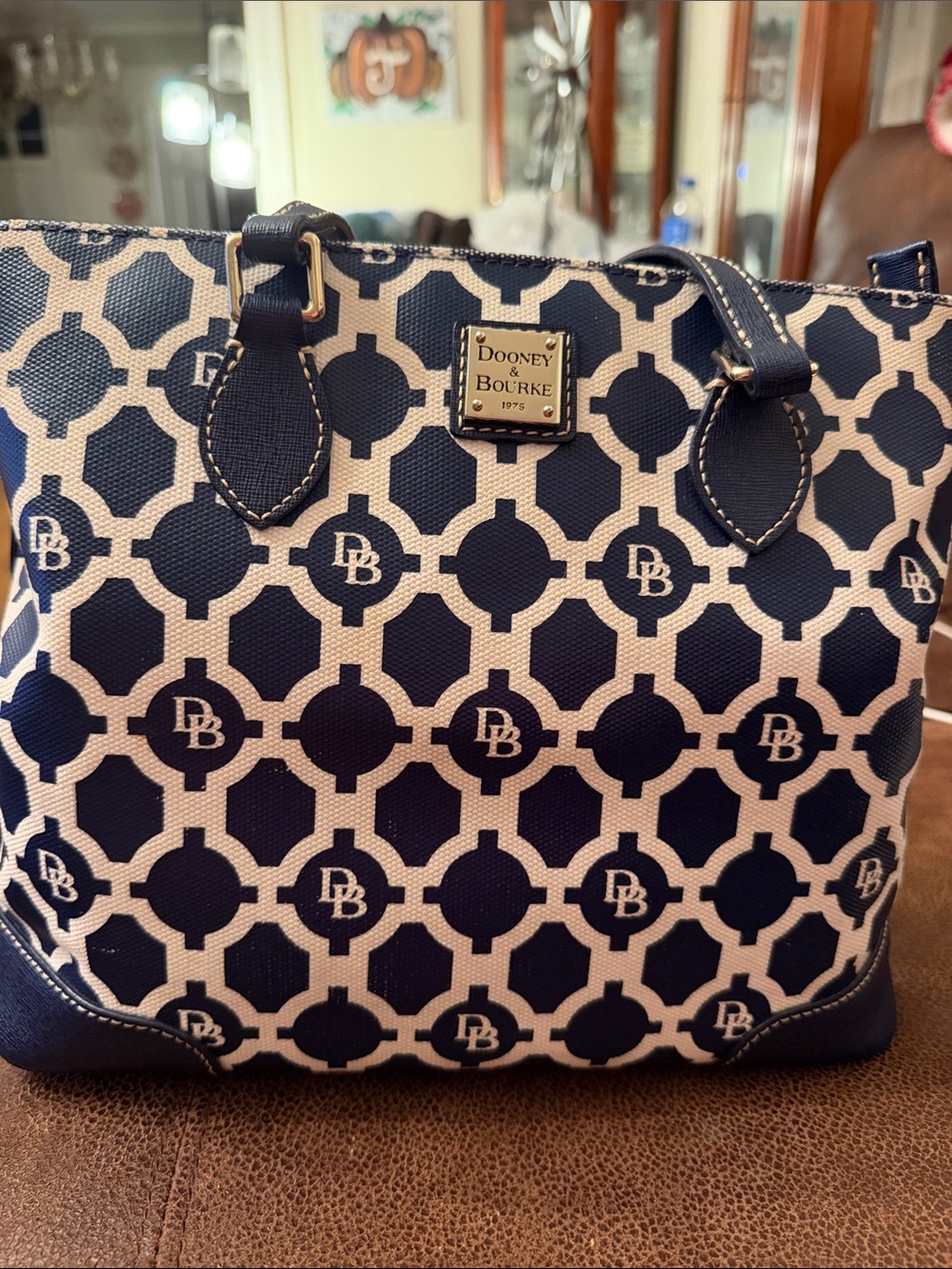 Dooney & Bourke Navy and White Geometric Signature Tote